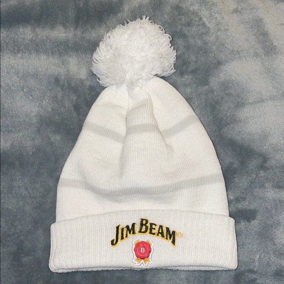 Jim Beam Accessories - Jim Beam Whiskey Logo White Pom Pom Beanie with Gray Stripes Winter Hat